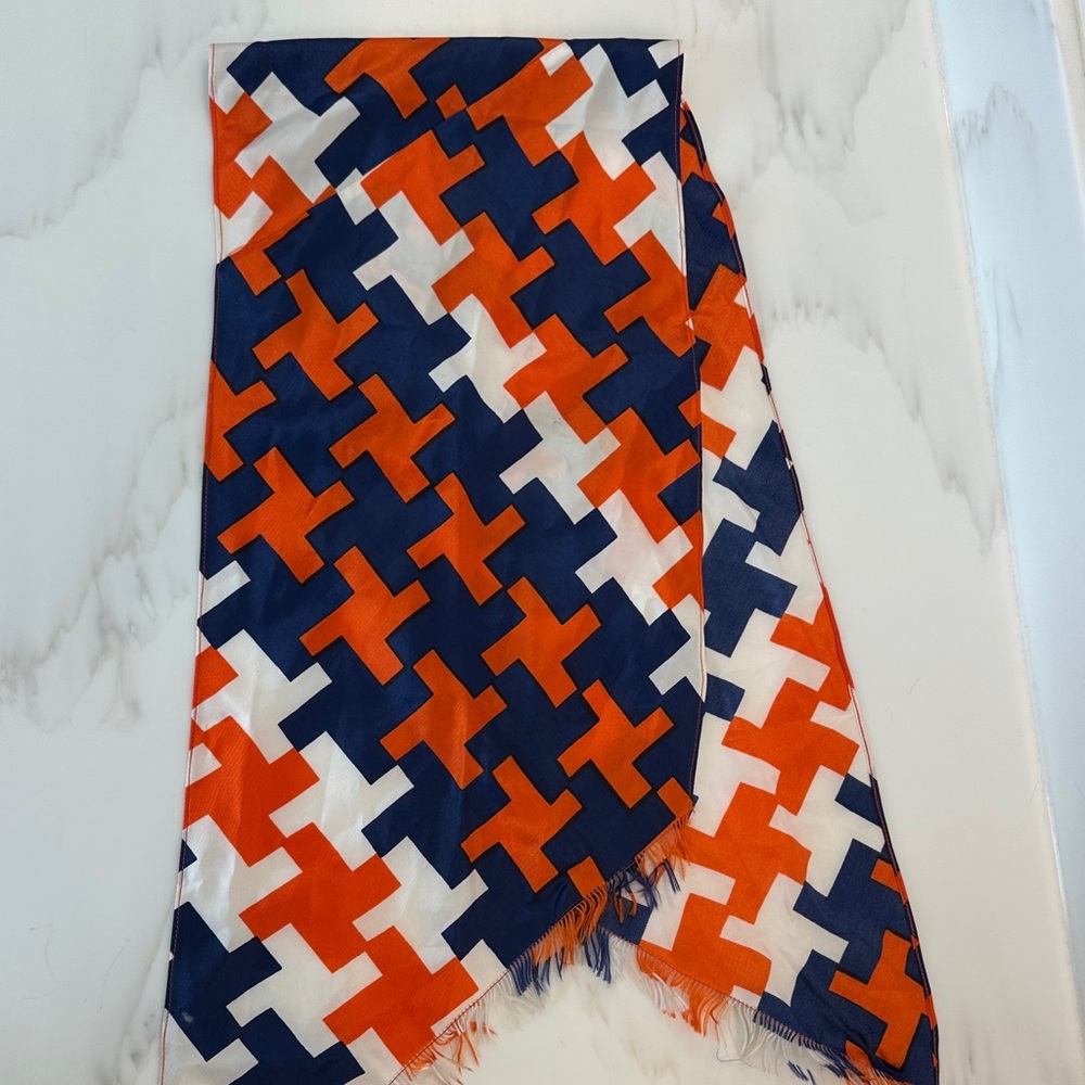 Geometric Pattern Scarf in Orange, Blue, and White. Florida Gators scarf